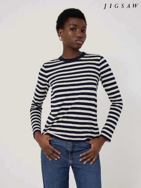 Jigsaw Blue Stripe Long Sleeve 100% Cotton T-Shirt (F79166) | £45