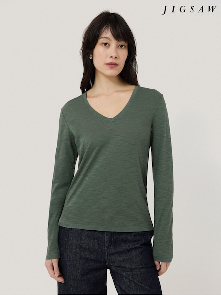 Jigsaw Green 100% Cotton Slub V-Neck T-Shirt (F79169) | £45