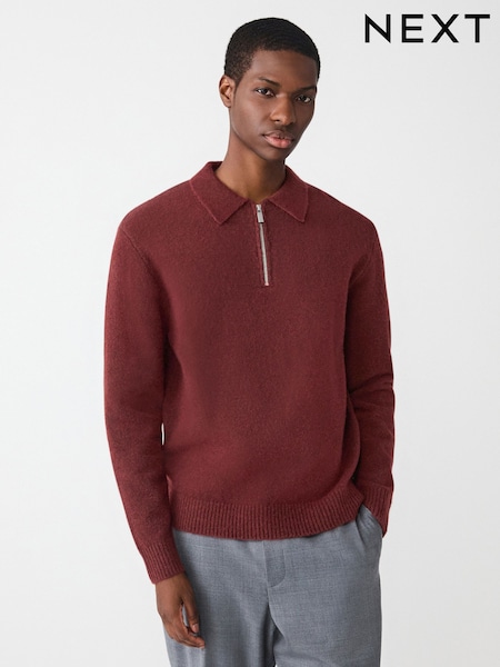 Dusky Red Zip Neck Regular Fit Cosy Knit Polo Shirt with Wool (F79184) | £30