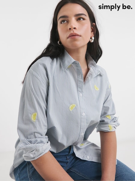 Simply Be Blue Embroidered Stripe 100% Cotton Shirt (F79273) | £38