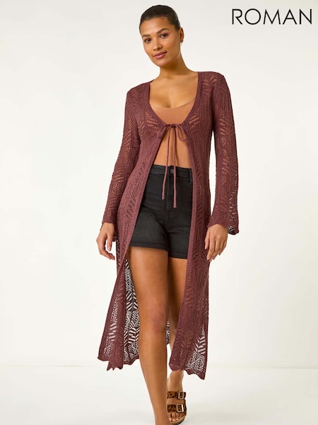 Roman Brown Longline Tie Cotton Blend Knit Cardigan (F79284) | £45