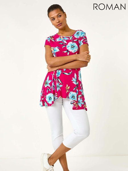 Roman Pink Floral Print Hanky Hem Stretch Tunic Top (F79297) | £32