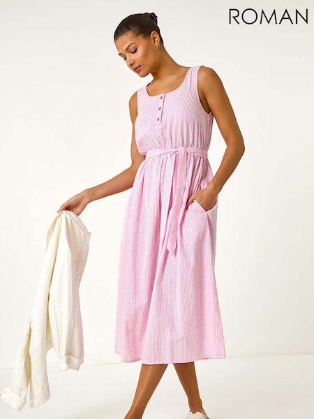 Roman Pink Pinstripe Belted 100% Cotton Midi Dress (F79300) | £45