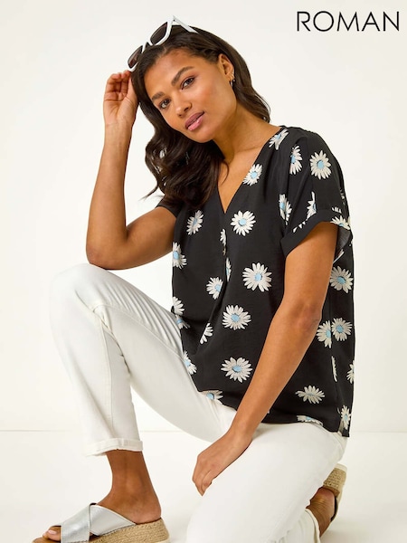 Roman Black Daisy Print Pleat Front Top (F79315) | £32