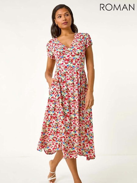 Roman Red Floral Print Tea Midi Dress (F79317) | £48