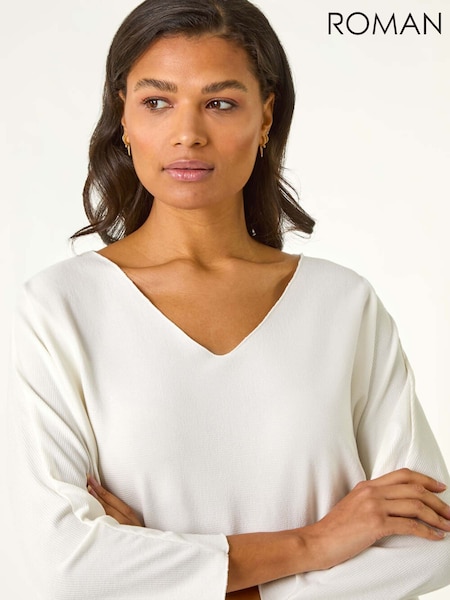Roman White Ribbed V-Neck Stretch Top (F79323) | £32