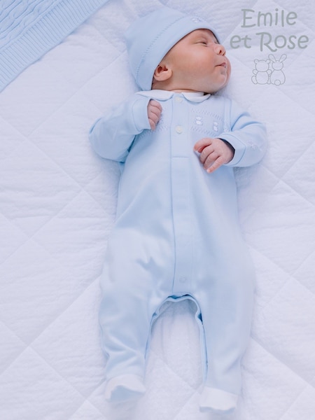 Emile Et Rose Blue Rose Front Open 100% Cotton All-In-One with Teddy Panel & Hat (F79385) | £36
