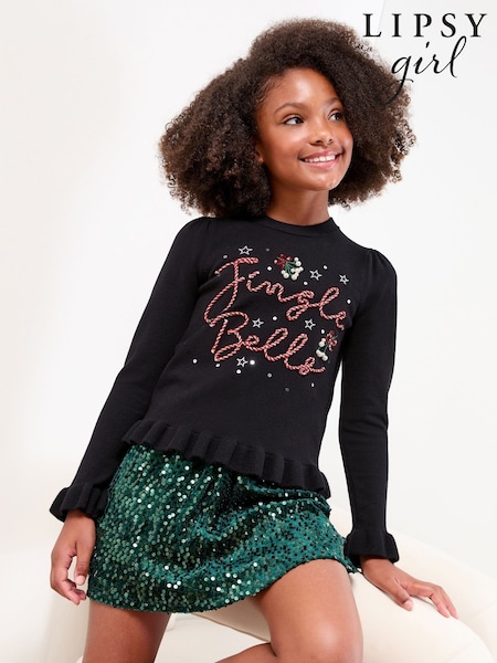 Lipsy Black Jingle Bells Christmas Crew Neck Knitted Jumper (5-16yrs) (F79392) | £26 - £34