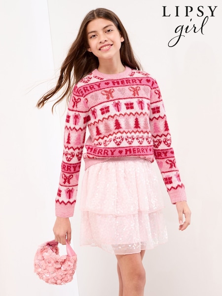 Lipsy Pink Fairisle Pattern Merry Christmas Crew Neck Cosy Knitted Jumper (5-16yrs) (F79401) | £25 - £33