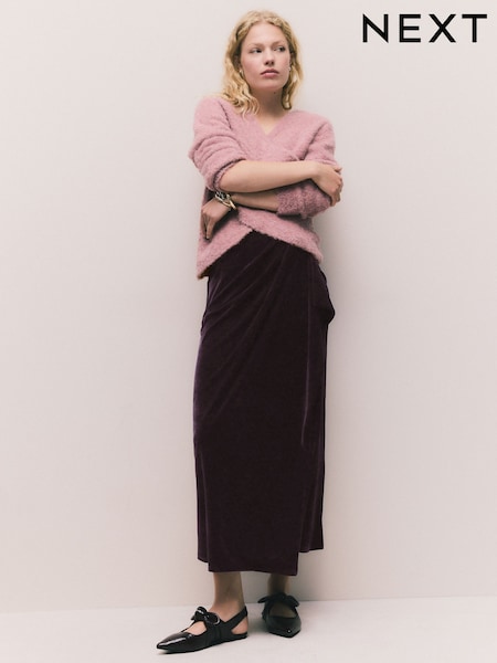 Chocolate Brown Matte Velvet Drape Midi Skirt (F79471) | £45