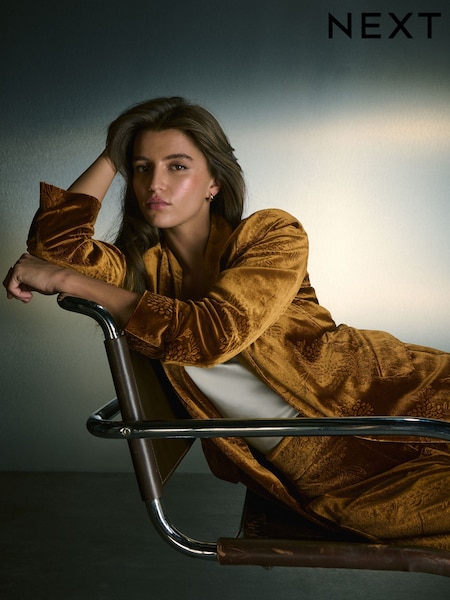 Ochre Yellow Embossed Velvet Single Breasted Blazer (F79481) | £87