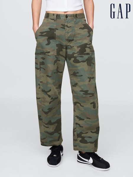 Gap Green Camo Mid Rise Cotton Barrel Trousers (F79497) | £60