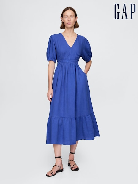 Gap Blue Crinkle Gauze 100% Cotton Open-Back Puff Sleeve Midi Dress (F79499) | £35