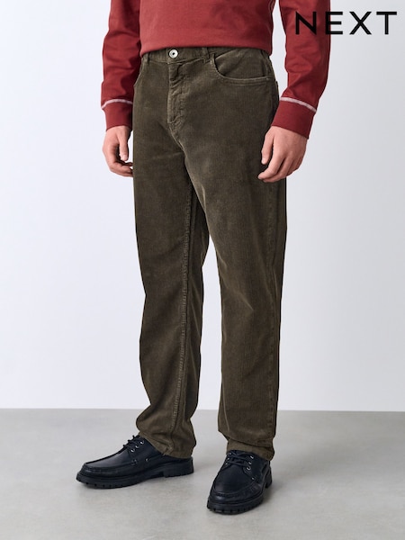 Dark Khaki Straight Fit Corduroy 5 Pocket Stretch Trousers (F79511) | £32