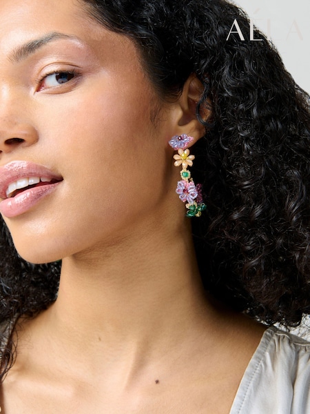 Aela Large Pink Flower Beaded Hoop Earrings (F79547) | £15