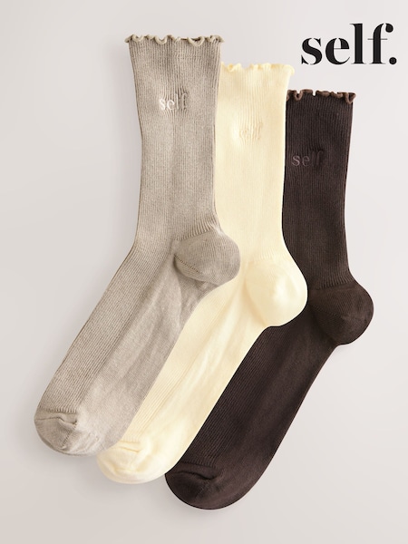 self. Neutral/Cream/Chocolate Lettuce Welt Embroidered Ankle Socks 3 Pack (F79629) | £0