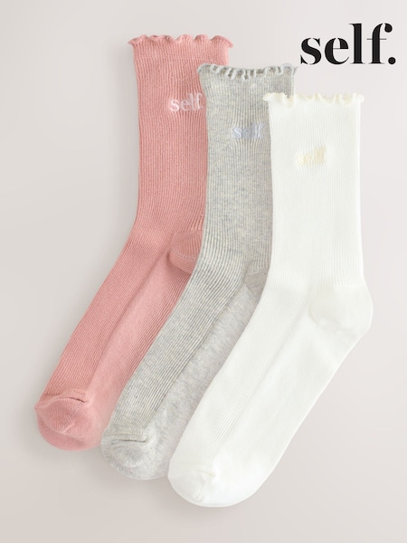 self. Pink/Cream/Grey Lettuce Welt Embroidered Ankle Socks 3 Pack (F79653) | £0