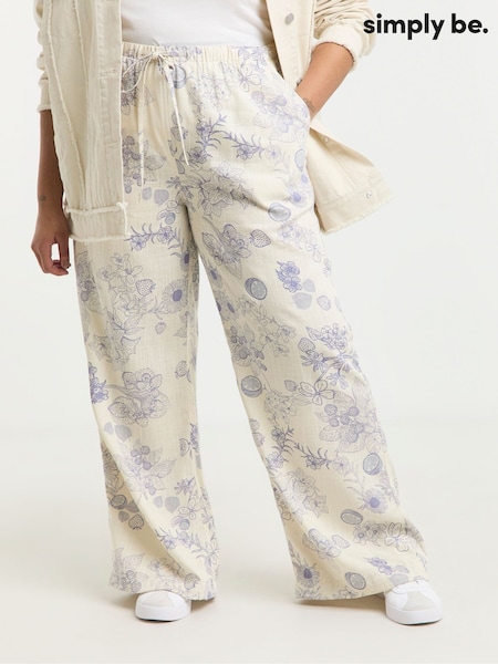 Simply Be Cream Tie Waist Wide Leg Linen Trousers (F79662) | £34
