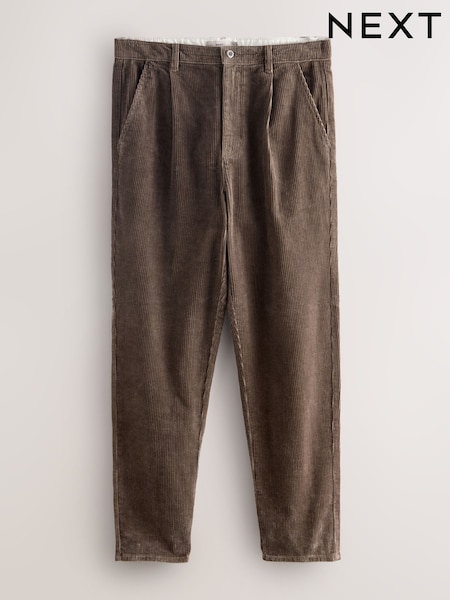 Tan Brown Regular Tapered Fit Corduroy Single Pleated Trousers (F79663) | £32