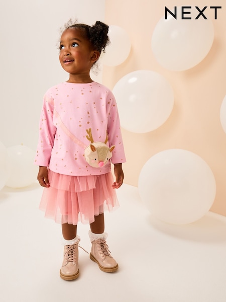 Pink Reindeer Long Sleeve Bag T-Shirt (9mths-7yrs) (F79821) | £10 - £14