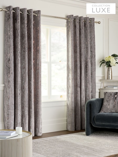 Charcoal Grey Collection Luxe Heavyweight Chic Velvet Abstract Eyelet Lined Curtains (F79921) | £0