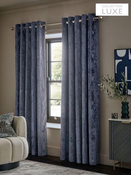 Navy Blue Collection Luxe Heavyweight Chic Velvet Abstract Eyelet Lined Curtains (F79922) | £200 - £400