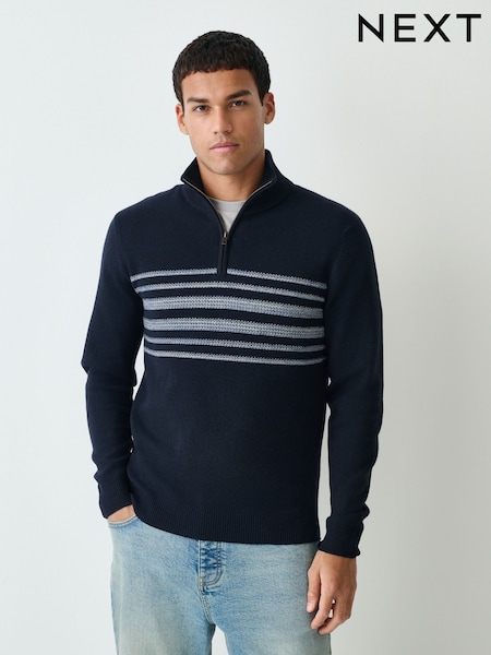 Navy Blue Regular Fit Essential Chest Block Stripe Quarter Zip Neck Jumper (F80051) | £26