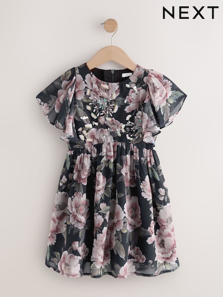 Dark Floral Print Angel Sleeve Embellished Dress (3-16yrs) (F80067) | £26 - £32