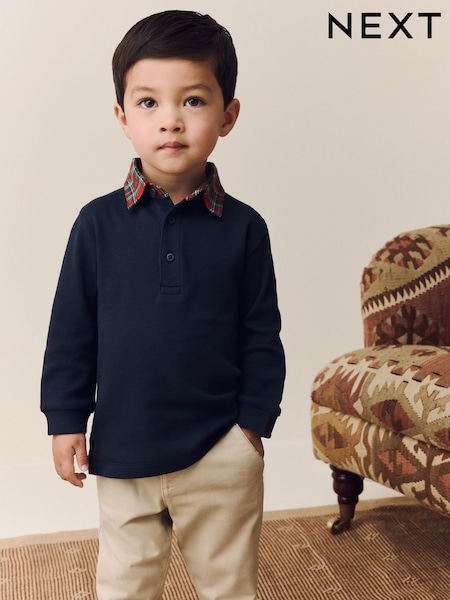 Navy Tartan Collar Long Sleeve Polo Shirt (3mths-7yrs) (F80663) | £10 - £12