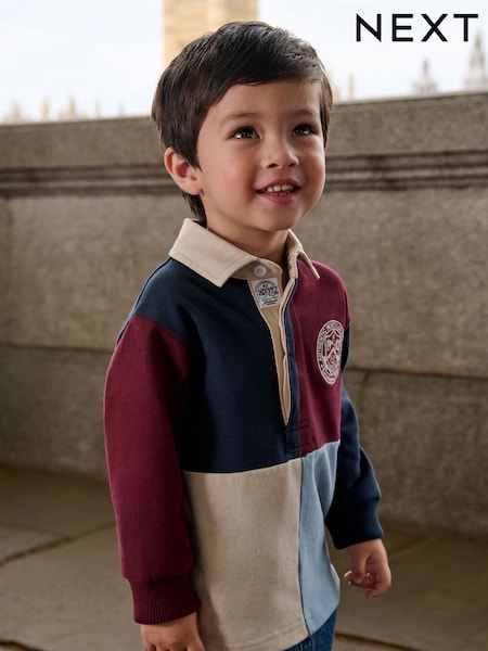 Navy/Burgundy Long Sleeve Rugby Polo Shirt (3mths-7yrs) (F80664) | £11 - £13