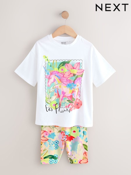 White Unicorn Oversized T-Shirt And Cycle Top and Shorts Set (3-16yrs) (F80679) | £0