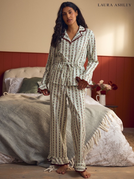Laura Ashley Red/Green Christmas Rose Button Through Pyjamas (F80703) | £52