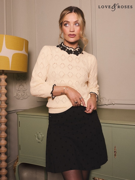 Love & Roses Ivory 3D Flower Trim Pointelle Jumper (F81137) | £39