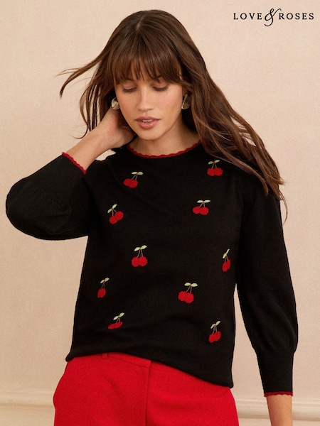Love & Roses Black Embroidered Cherry 3/4 Knitted Jumper (F81146) | £40