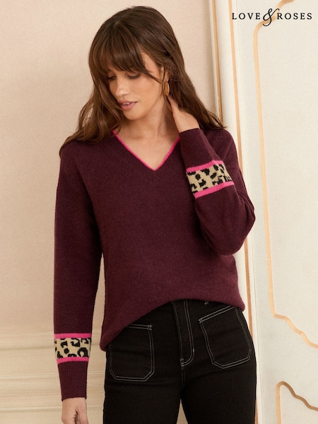 Love & Roses Berry Animal Stripe Print V-Neck Cosy Knit Jumper (F81158) | £39
