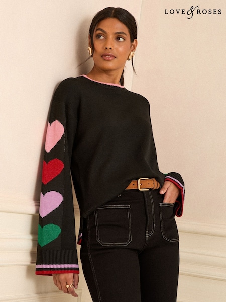 Love & Roses Black Multi Heart Crew Neck Cosy Jumper (F81160) | £39