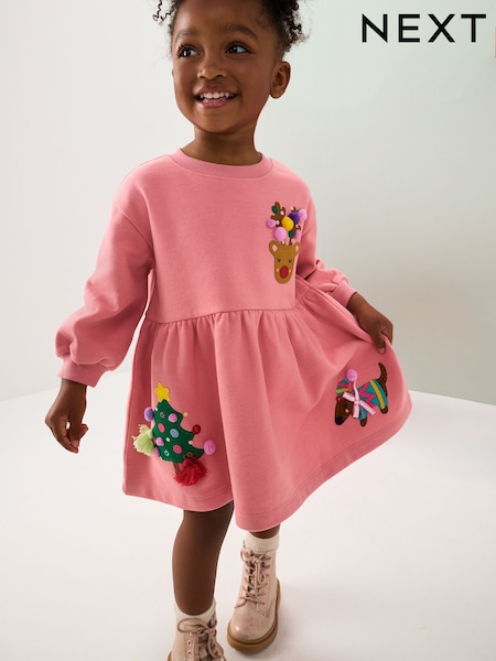 Pink Christmas Embellished Sweat Dress (3mths-7yrs) (F81701) | £12 - £14