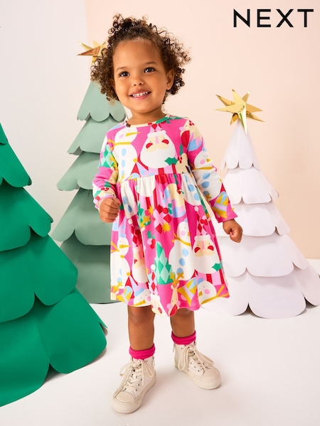 Pink Long Sleeve Christmas Dress (3mths-7yrs) (F81706) | £7 - £9