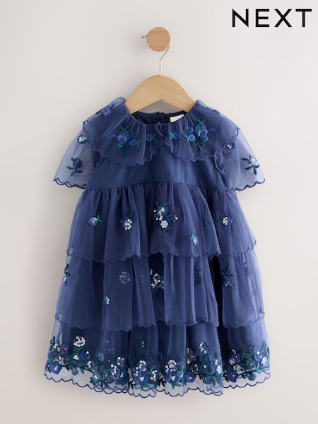 Blue Embellished Tiered Mesh Dress (3mths-7yrs) (F81713) | £30 - £34