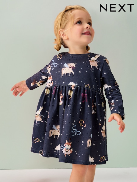 Navy Character Long Sleeve Christmas Dress (3mths-7yrs) (F81727) | £8 - £10