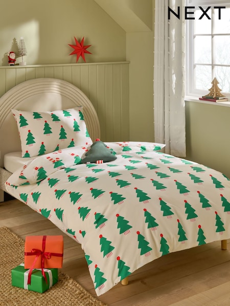 White/Green Trees Reversible Christmas Duvet Cover and Pillowcase Set (F82209) | £18 - £28