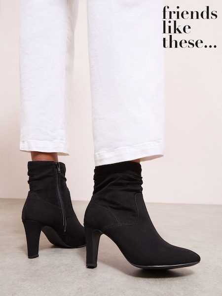 Friends Like These Black Mid Heel Ruched Faux Suede Ankle Boots (F82385) | £42