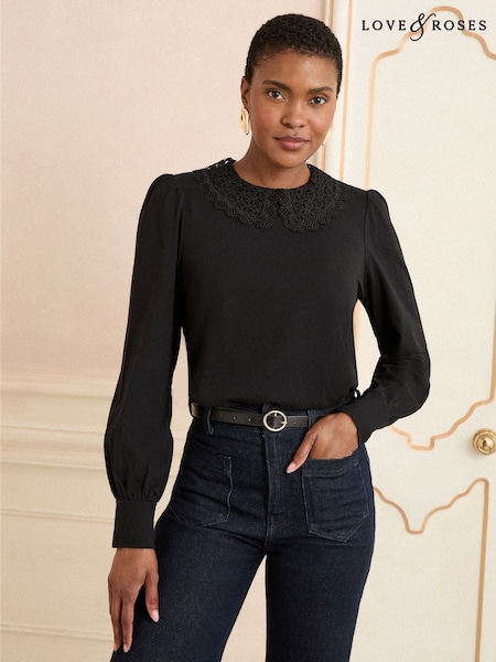 Love & Roses Black Lace Collar Long Sleeve Jersey Top (F82473) | £25