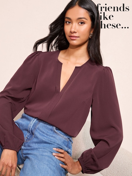 Friends Like These Burgundy Red Long Sleeve Pleat Front Detail Blouse (F82502) | £26