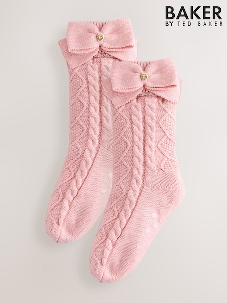 Baker by Ted Baker Pink Girls Cable Knitted Cosy Slipper Socks with Bow (F82690) | £16
