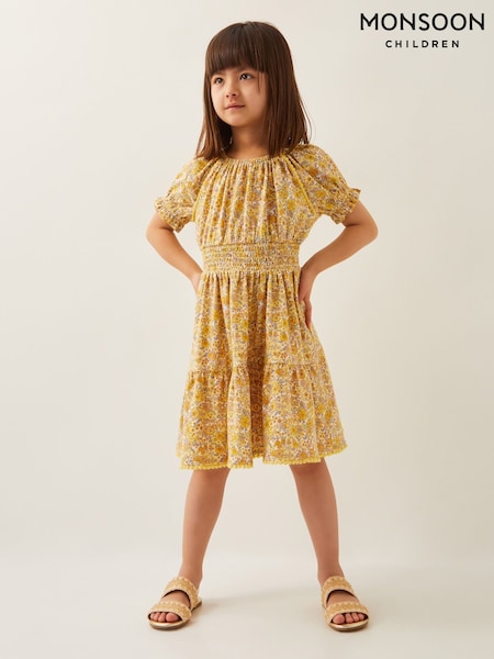 Monsoon Yellow Floral Puff Sleeve Jersey 100% Cotton Dress (F82927) | £22 - £26