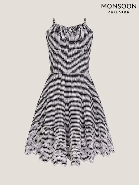 Monsoon Black Embroidered Gingham 100% Cotton Sun Dress (F82933) | £34 - £37