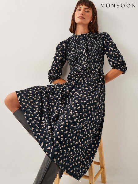 Monsoon Black Orielle Print Jersey Midi Dress (F83210) | £75