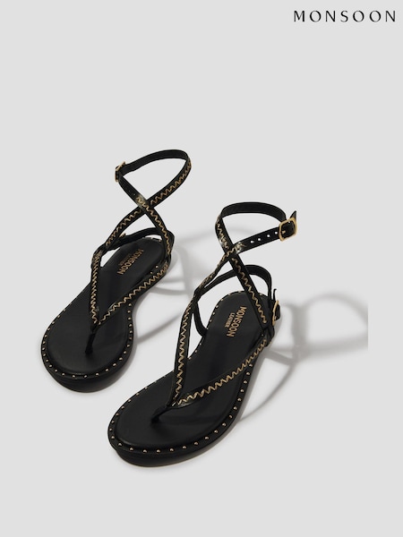 Monsoon Black Cleo Stud Leather Strappy Flip Flop Sandals (F83226) | £45
