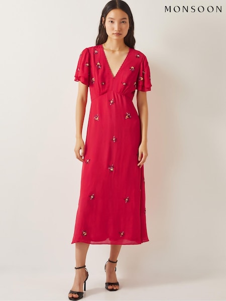 Monsoon Red Gia Embellished Tea Dress (F83234) | £160